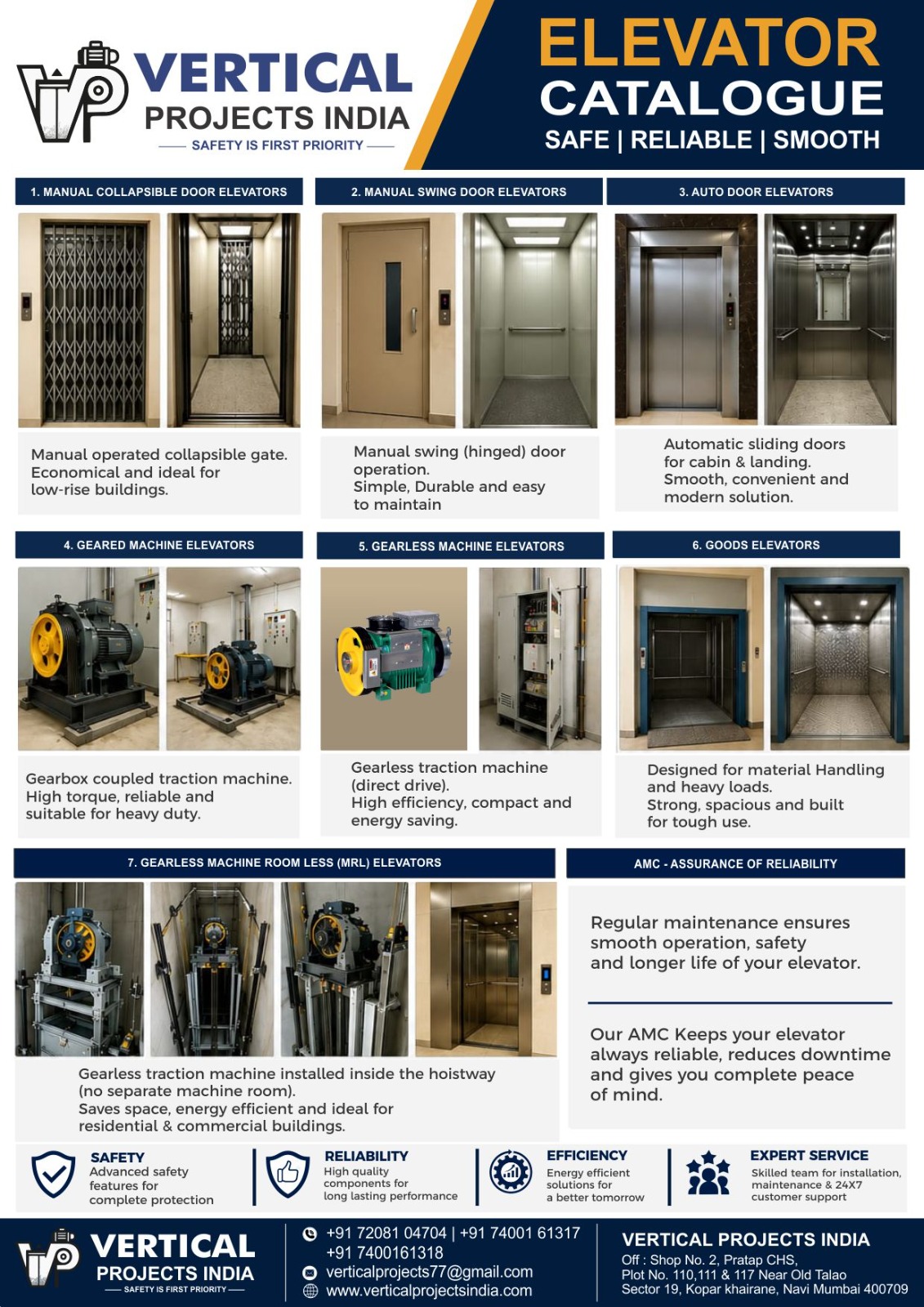 Vertical Projects India elevator catalogue showing all elevator types